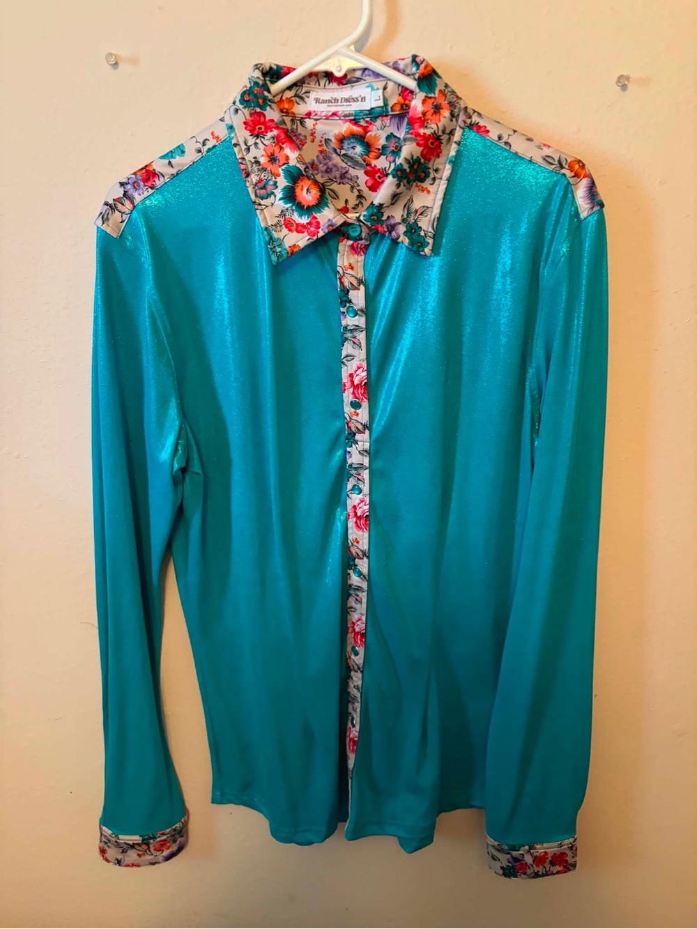 Ranch Dressn Turquoise Button-Up Shirt with Floral Trim